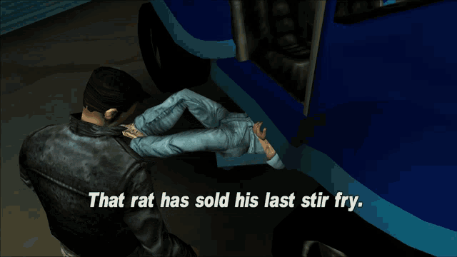 a video game scene with the words that rat has sold his last stir fry at the top