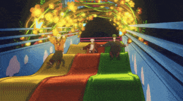 a couple of people riding down a slide with flowers behind them