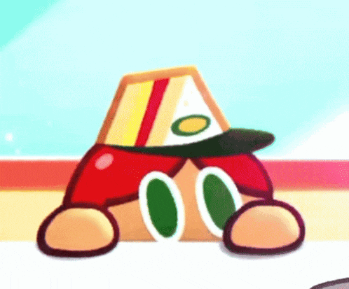 a cartoon character is wearing a baseball cap and a sandwich on his head .