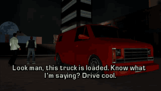 a video game screen shows a man talking to another man in front of a red van
