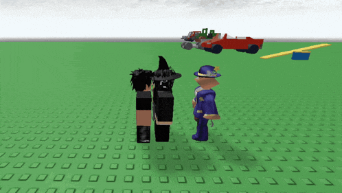 a witch and a police officer are standing next to each other in a lego world