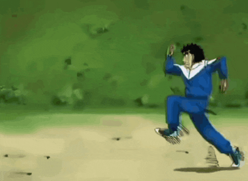 a man in a blue jumpsuit is running on a dirt road .
