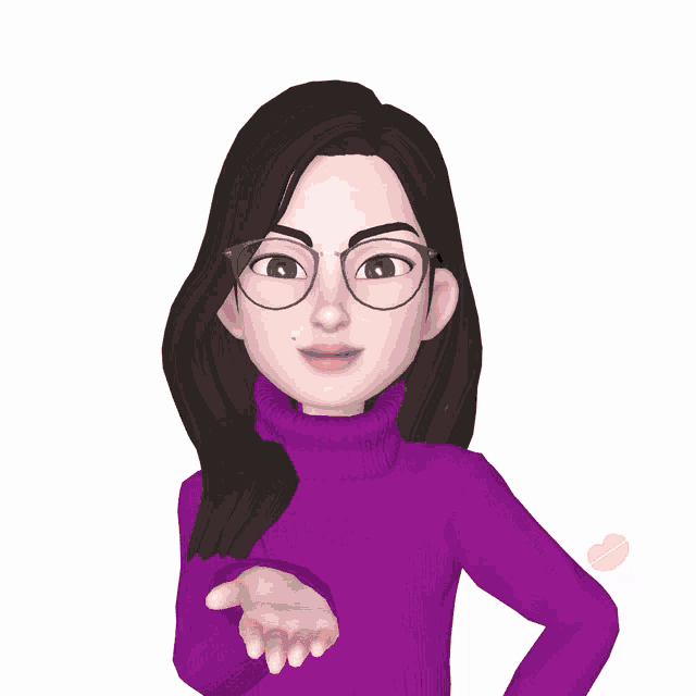 a woman in a purple sweater and glasses is surrounded by red hearts