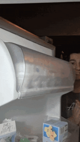a person is looking into a refrigerator with a carton of cheese