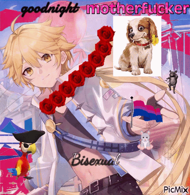 a picture of a boy with roses and a dog and the words goodnight motherfucker