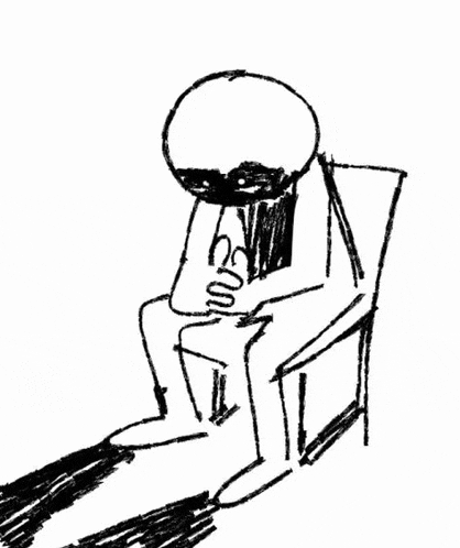 a black and white drawing of a person sitting on a chair with their head down .