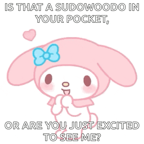 a pink bunny with a blue bow on her head is surrounded by pink hearts and says is that a sudowoodo in your pocket