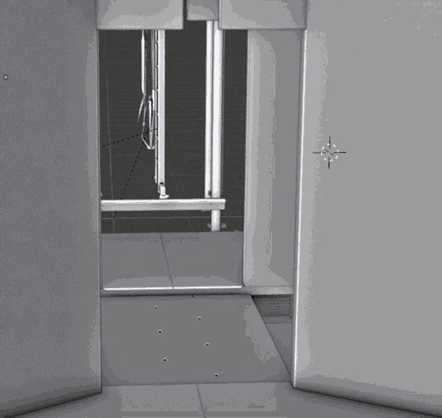 a computer generated image of a room with a ladder and a cross on the wall