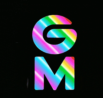 a rainbow colored letter g next to a letter m on a black background