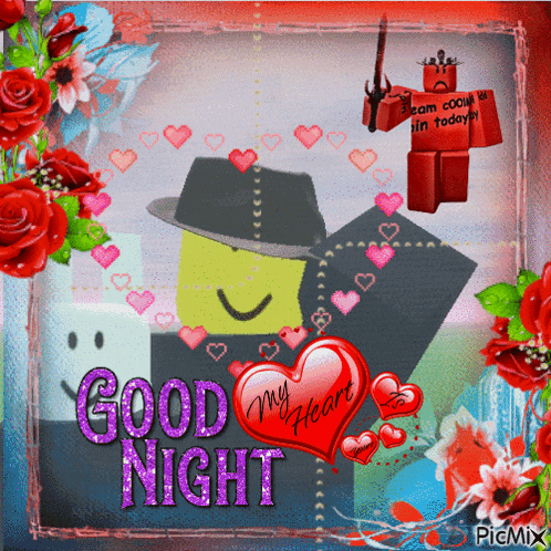 a picture of a man in a hat with hearts and the words good night my heart