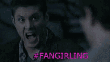 a man is yelling at another man and the words fangirling are displayed in pink