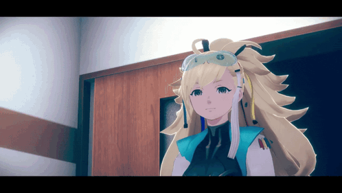 a cartoon character with blonde hair and a blue top