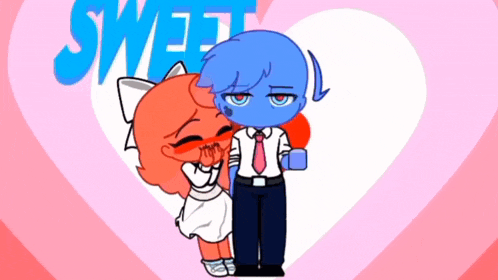 a couple of cartoon characters standing next to each other in front of a heart with the word sweet written on it