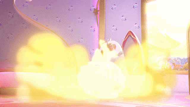 a room with a purple and pink wallpaper and a unicorn on the bed
