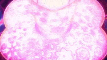 a cartoon character is surrounded by a purple and pink circle .