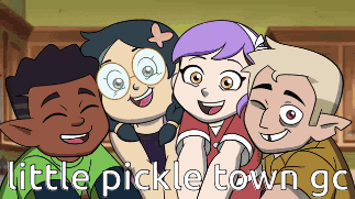 a group of cartoon characters are posing for a picture and the caption says little pickle town