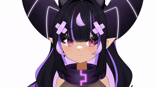 a girl with purple hair and horns has a scarf that says 5 on it