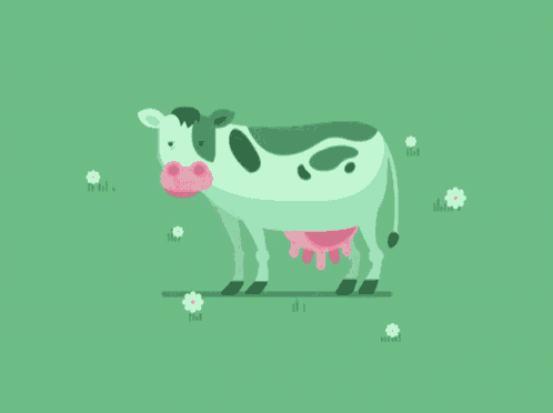 a green cow is crying in a field with flowers