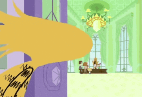 a cartoon drawing of a woman standing in a room with a chandelier