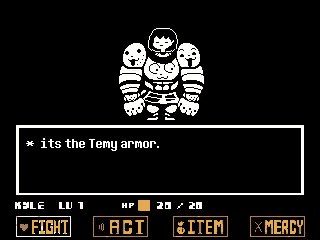 a black and white pixel art screenshot of a video game with the words `` it 's the temy armor . ''