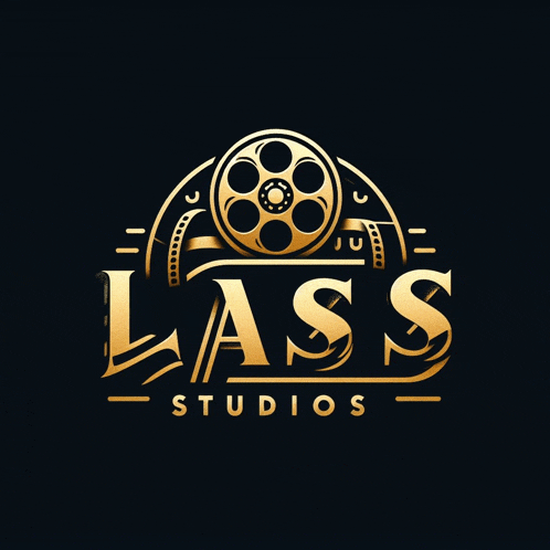 a gold logo for lass studios with a film reel in the background