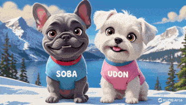 a cartoon illustration of two dogs soba and udon