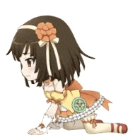 a cartoon girl is kneeling down with a flower in her hair