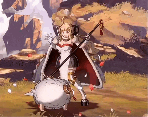 a woman is standing next to a sheep in a video game