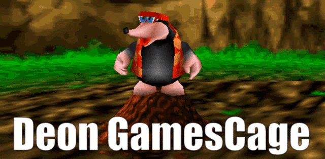 a cartoon mole is standing on a tree stump with the words deon gamescage below it