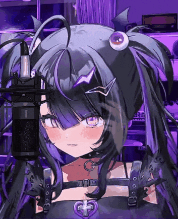 a girl with purple hair is holding a microphone in front of her face .