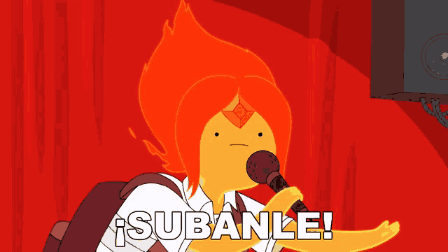a cartoon character is singing into a microphone with the words subanle written below her
