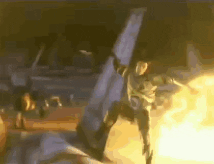 a cartoon of a man holding a sword in front of a fireball .