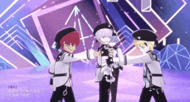a group of anime characters are standing on a stage and one of them is wearing a hat that says ' a ' on it