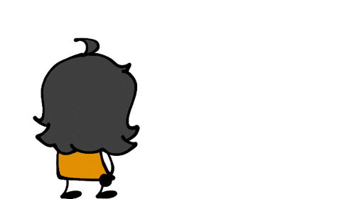 a cartoon character with a black hair and an orange shirt is walking .
