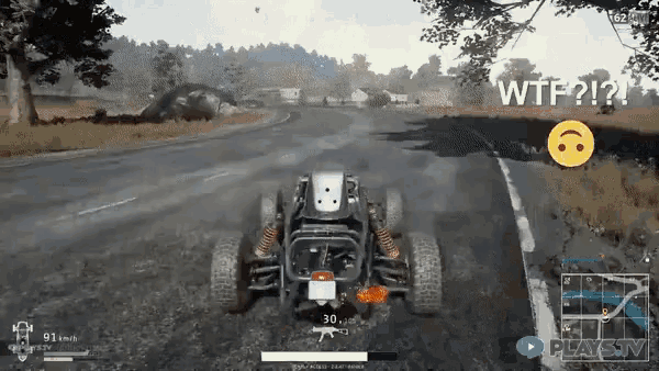 a buggy is driving down a road in a video game with the words wtf