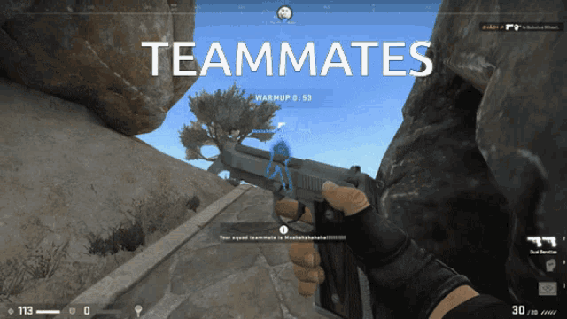 a person holding a gun in front of a screen that says teammates on it