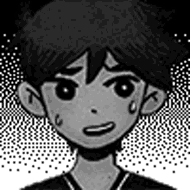 a black and white drawing of a boy with a sad face .
