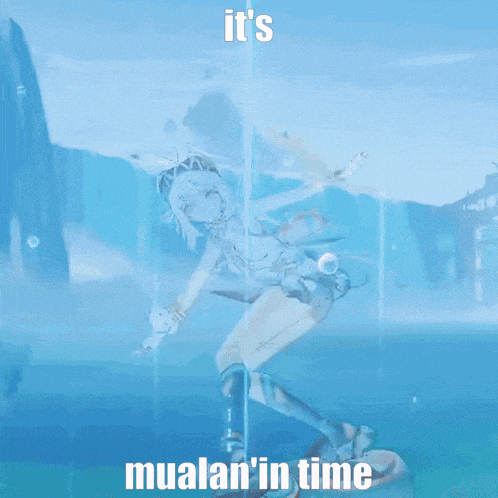 a cartoon of a girl on a surfboard with the words it 's mualan 'in time