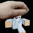 a pixel art of a hand holding a cartoon character