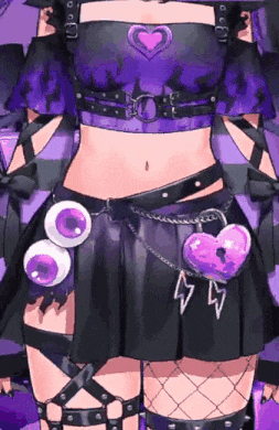 a girl is wearing a purple top and black skirt with a purple heart on it