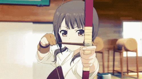 an anime girl is holding a bow and arrow in her hand