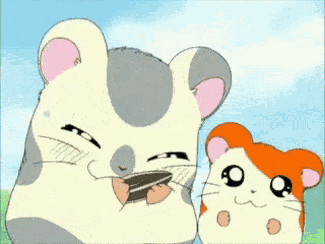 two hamsters are standing next to each other one is holding a sunflower in its mouth