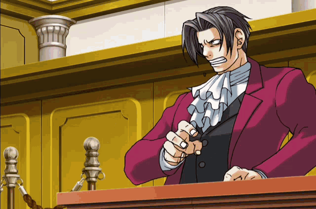 a cartoon of a man in a red suit pointing at someone