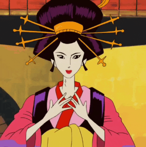 a cartoon drawing of a woman in a kimono with a purple hairdo