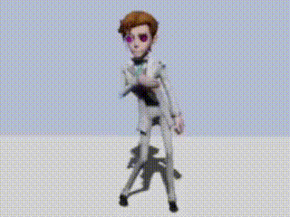 a cartoon character in a suit and sunglasses is dancing on a white surface .