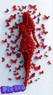 a picture of a woman made of red butterflies