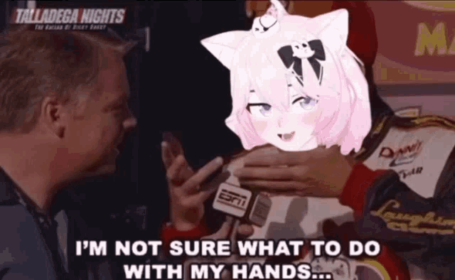 a man is talking to a girl with a cat head and the words talladega nights on the bottom