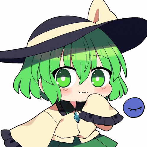 a drawing of a girl with green hair and green eyes