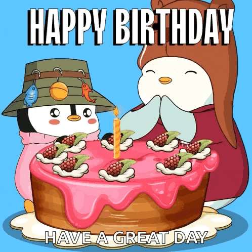 a birthday card with two penguins and a cake that says " happy birthday have a great day "