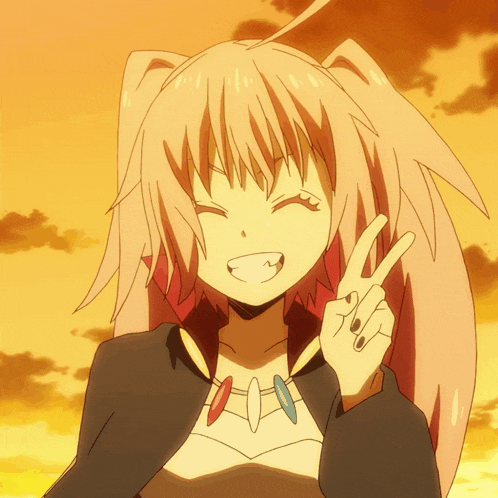 a girl with pink hair is giving the peace sign